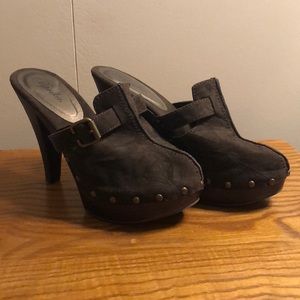 Brown wooden clog heels